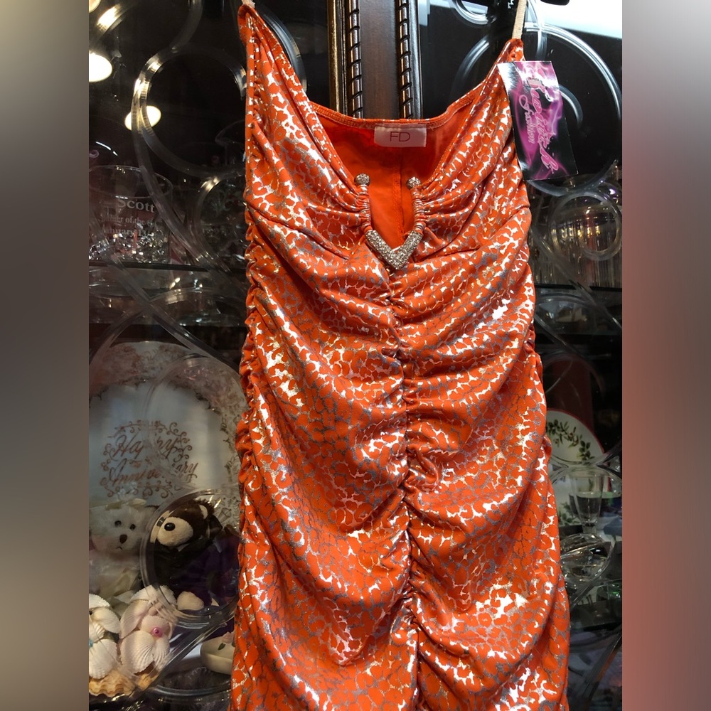 Orange and Silver Metallic Ruched Sleeveless Dress - Picture 4 of 13